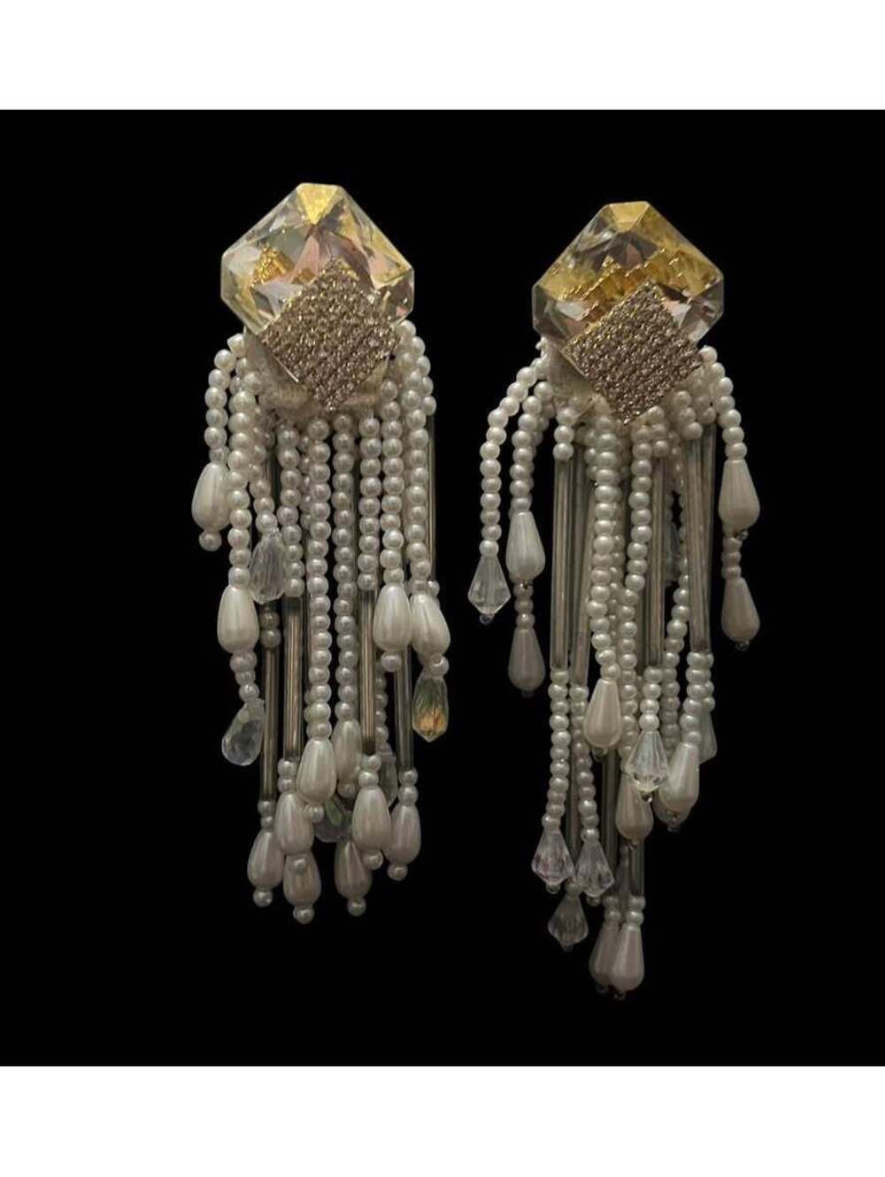 Vintage Faux Pearl and Crystal Tassel Clip-On Earrings